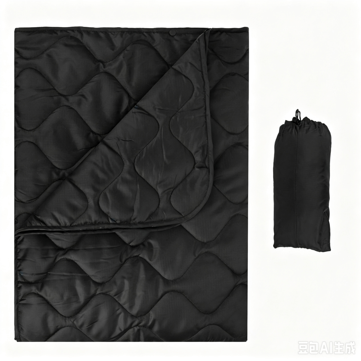 Solid Black Packable Puffy Camping Blanket, Water Resistant Quilted Outdoor Throw Blanket with Drawstring Storage Sack
