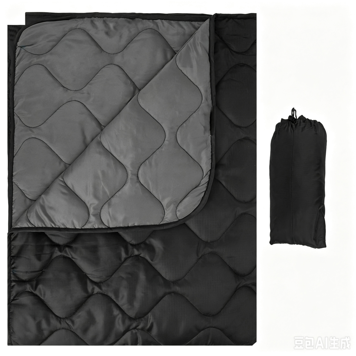 Black & Gray Reversible Packable Puffy Camping Blanket, Wave Quilted Water Resistant Outdoor Throw with Storage Sack