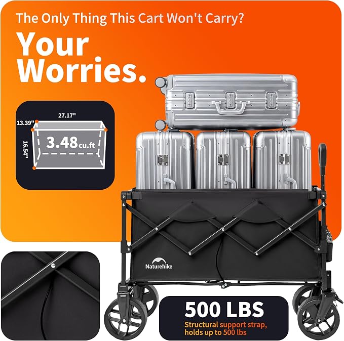 Naturehike Big Wheels Collapsible Wagon Cart, 300lbs Capacity Beach Wagons for Sand, Heavy Duty Foldable Cart with Brakes, Portable Utility Folding Garden Cart for Outdoor